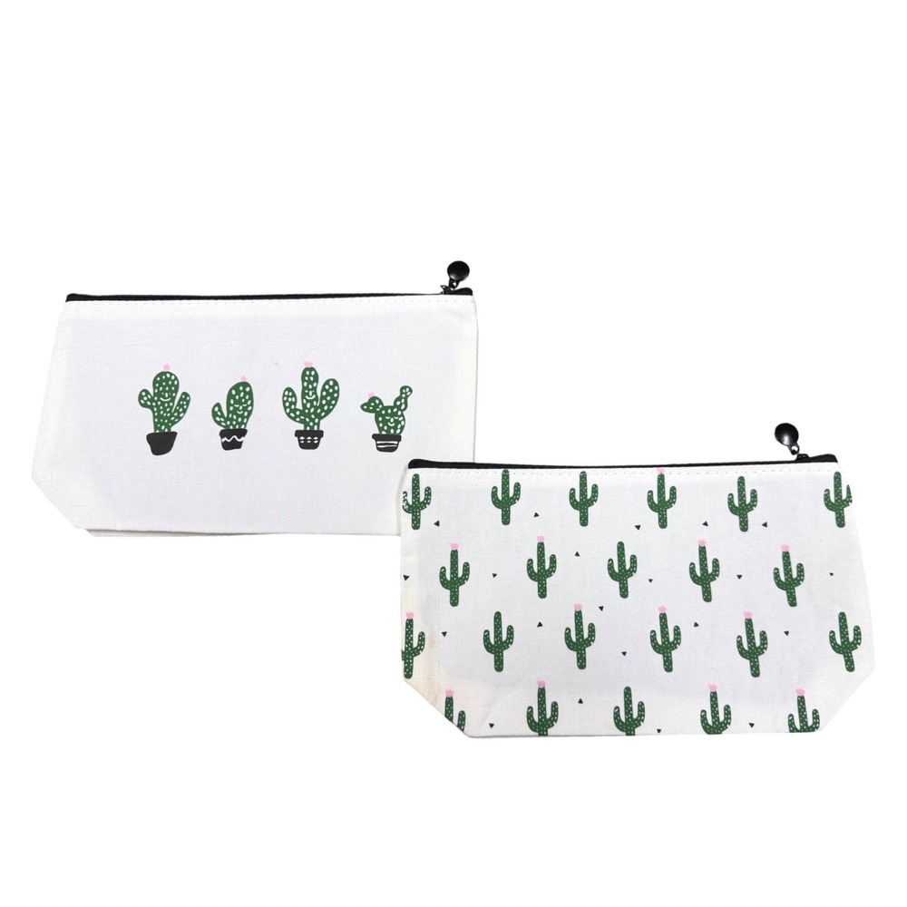 Cactus Canvas Makeup Bag Set White Green Desert Print Zipper Pouches 2pc